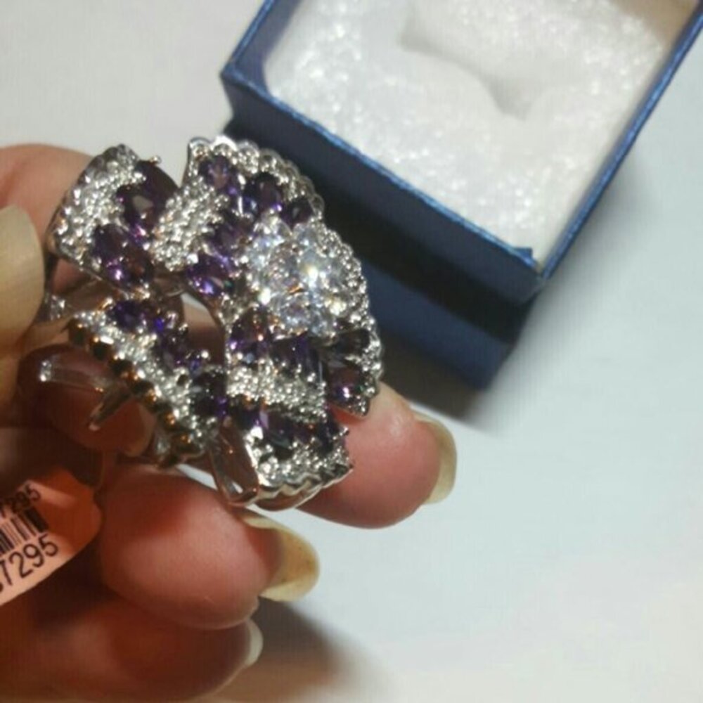Purple & White Simulated Diamond Cocktail Ring - Picture 4 of 7